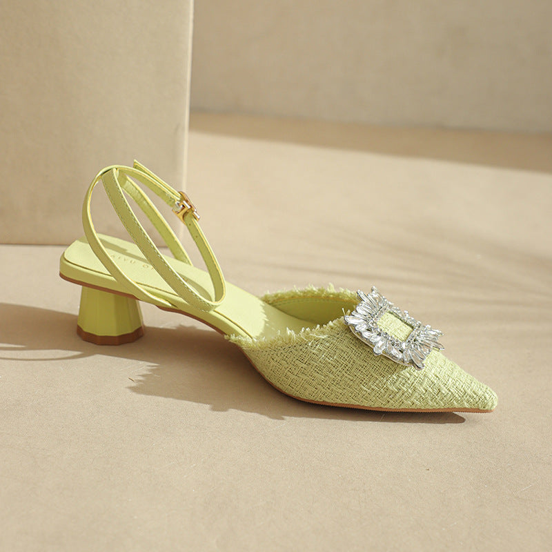 Dame Elegant Spids Tå Slingback Mules med Dekorativ Floral Accent Stilla