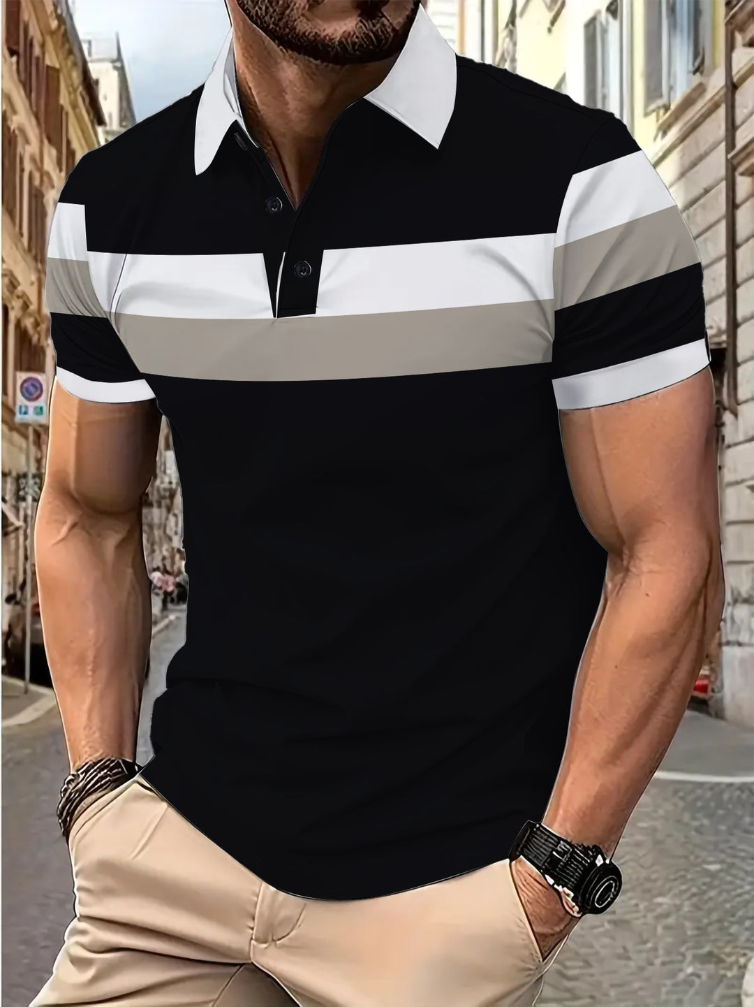 Herre poloshirt med moderne blokstribemønster Stilla