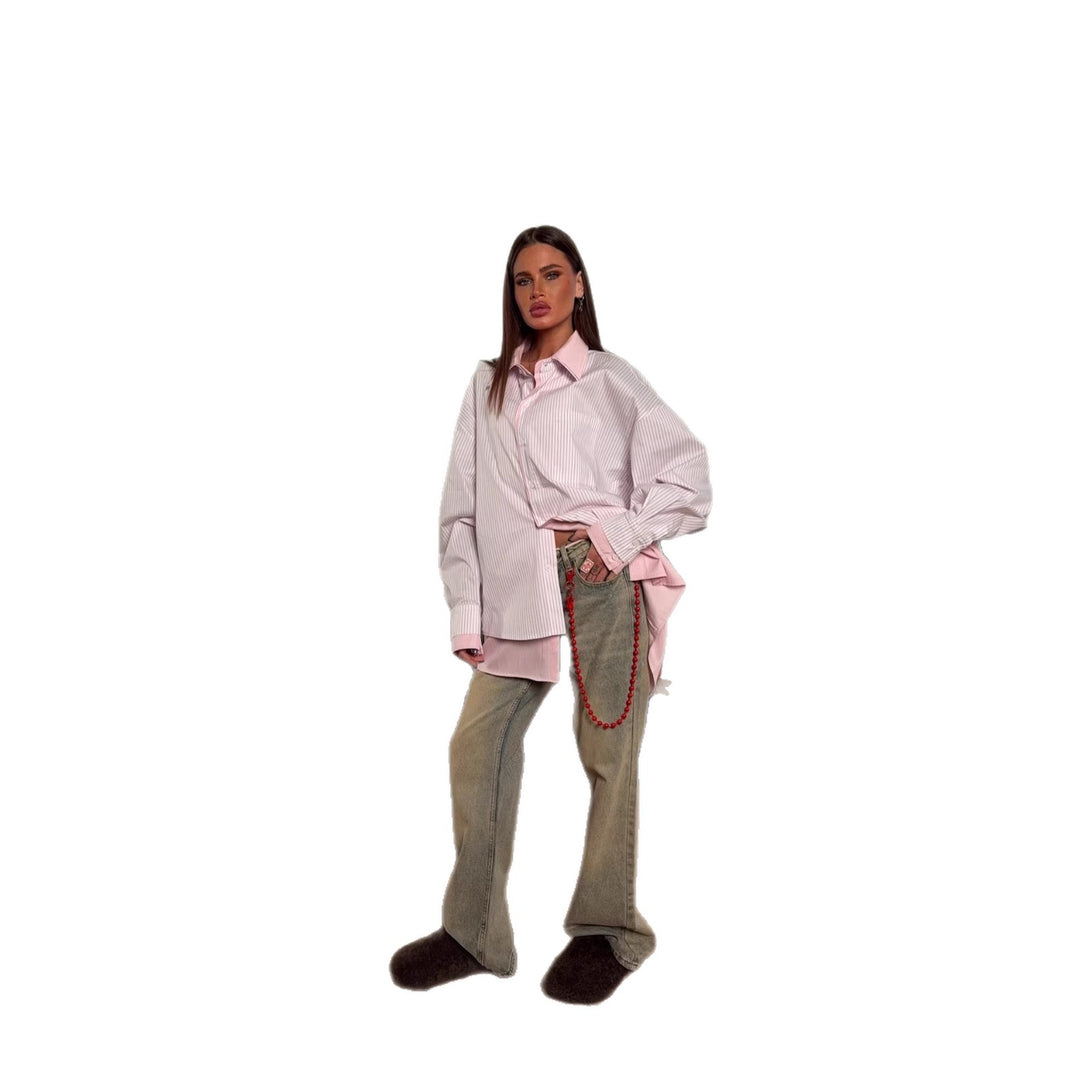 Kvinders Oversized Skjorte Bluse med Fine Striber og Casual Snit Stilla