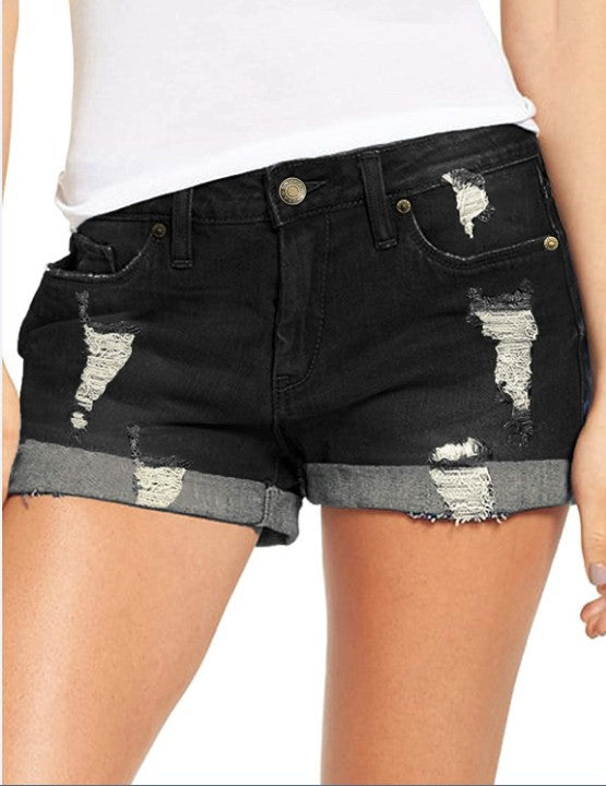 Dame modische Destroyed Denim-shorts med omfoldet kant Skovae
