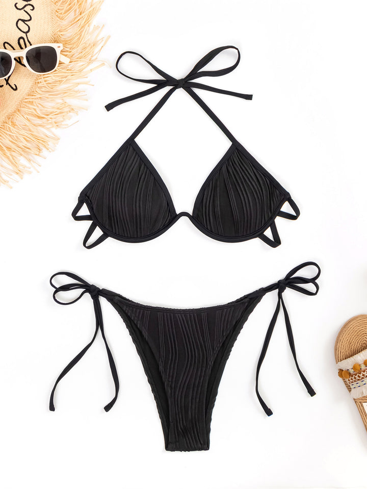 Dame Rib-design Triangel-Bikini-sæt med justerbare bindedetaljer Stilla