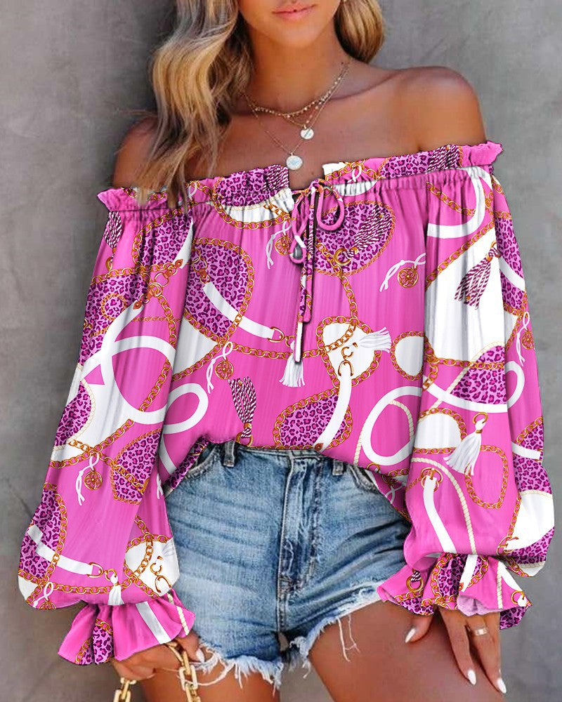 Dame Off-Shoulder Bluse med farverigt etno-mønster Stilla