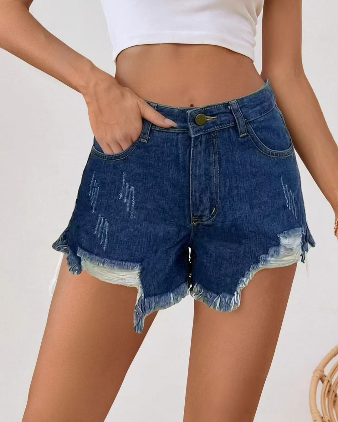 Dame mode ødelagte denim-shorts med frynset kant Skovae