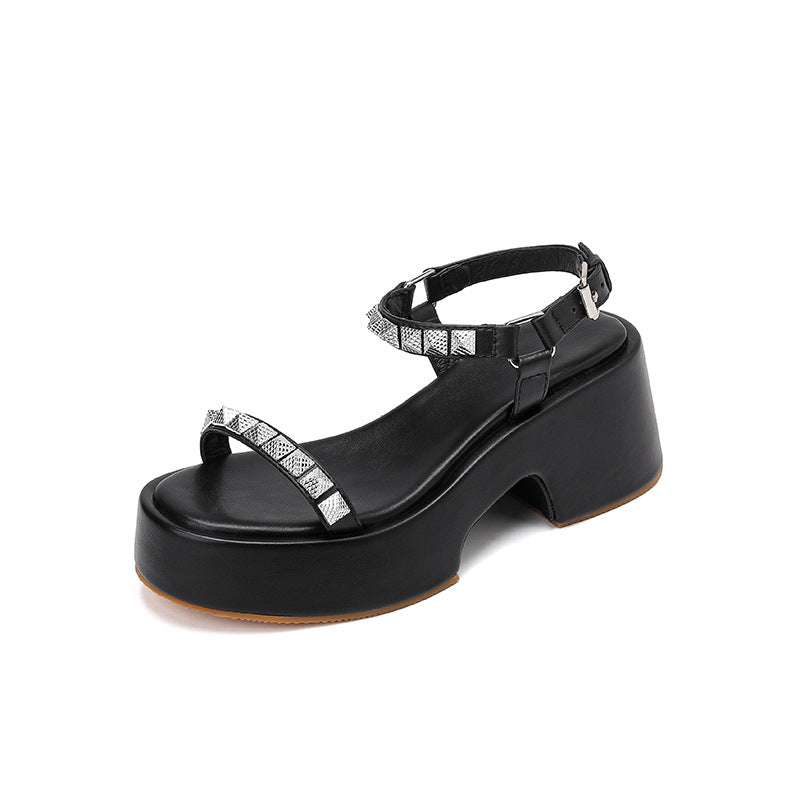 Dame Strappy Blokhæl Stplatform Sandaler med Rhinestone-Accenter Stilla