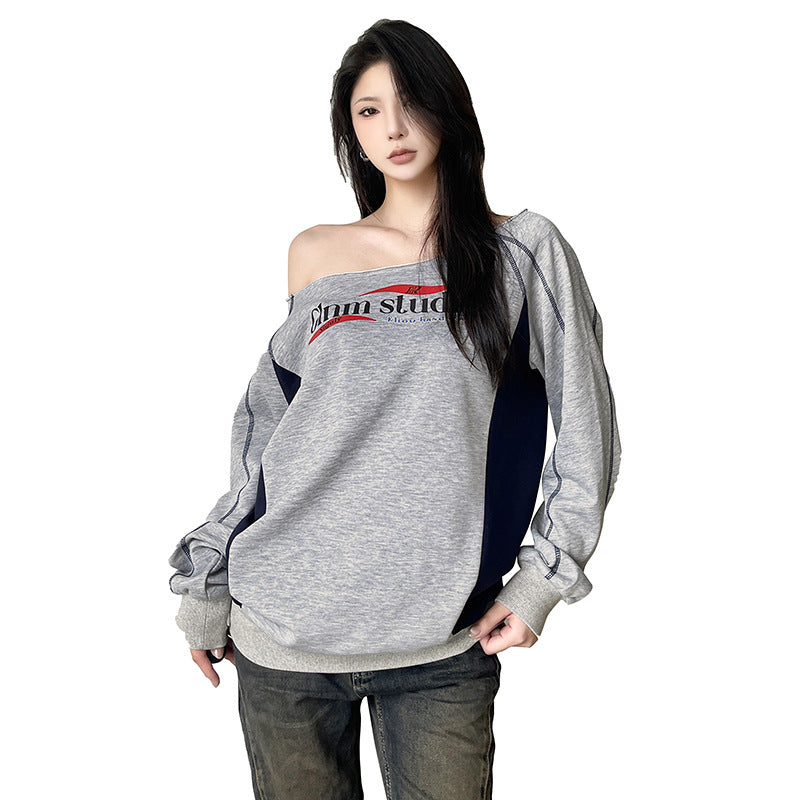Dame Trendy OverStørrelse-Sweatshirt med legende Off-Shoulder-snit og kontrasterende detaljer Stilla