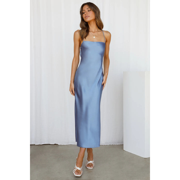 Women's Satin Maxi Dress with Spaghetti Straps and Elegant Cut Skovae