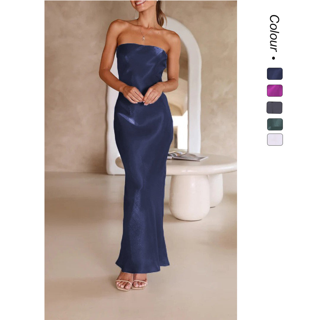 Dame Elegant Bandeau Maxi Kjole med Flydende Satin og Tætsiddende Silhuet