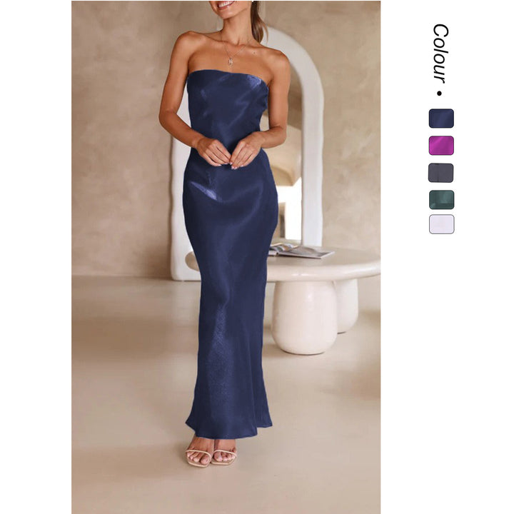 Dame Elegant Bandeau Maxi Kjole med Flydende Satin og Tætsiddende Silhuet