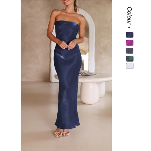 Dame Elegant Bandeau Maxi Kjole med Flydende Satin og Tætsiddende Silhuet
