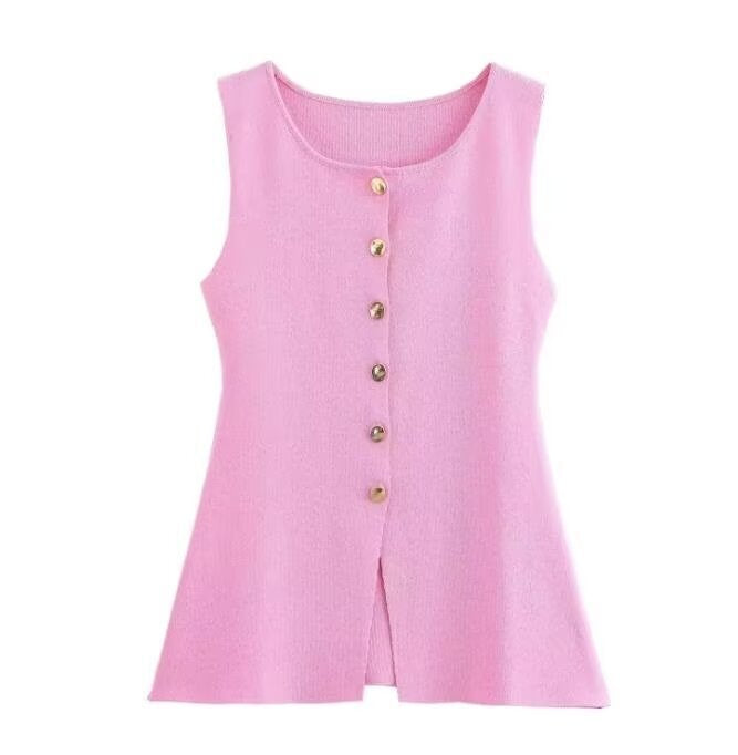 Femme Ribbet Strik Knap-Op Tank Top Stilla
