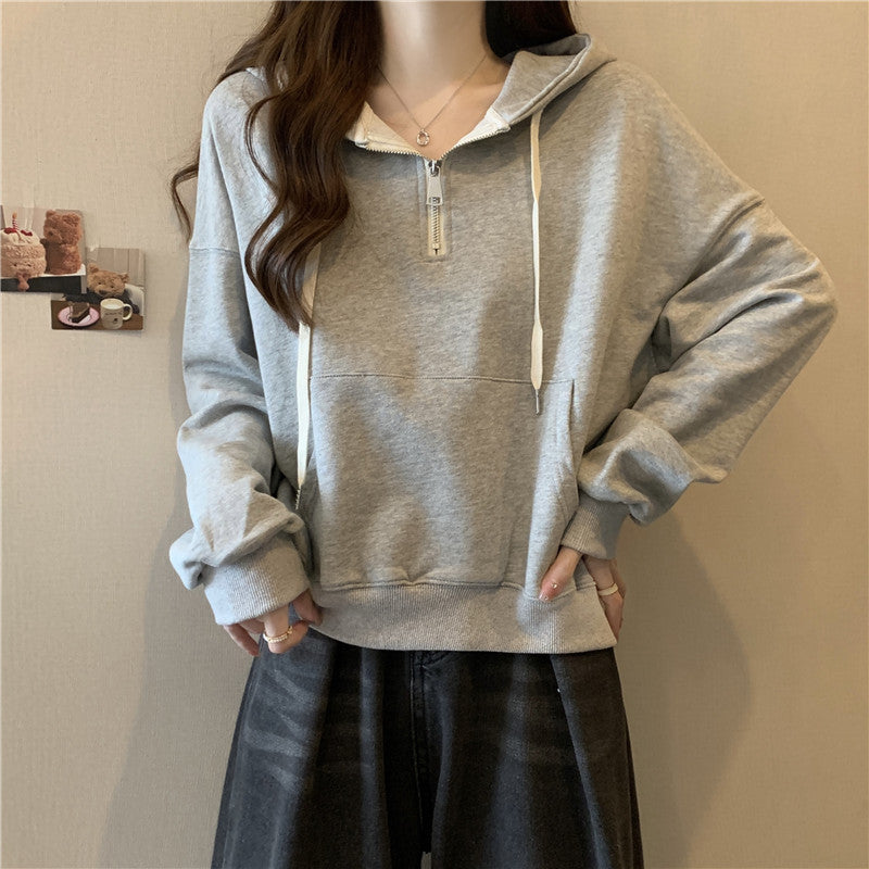 Femme Relaxed Fit Halv-lynlås Pullover Hoodie Stilla