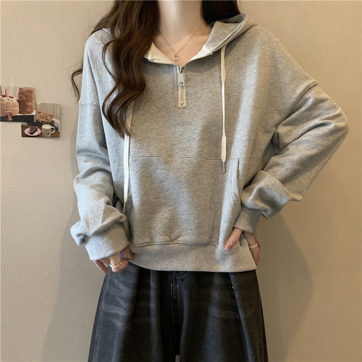 Femme Relaxed Fit Halv-lynlås Pullover Hoodie Stilla