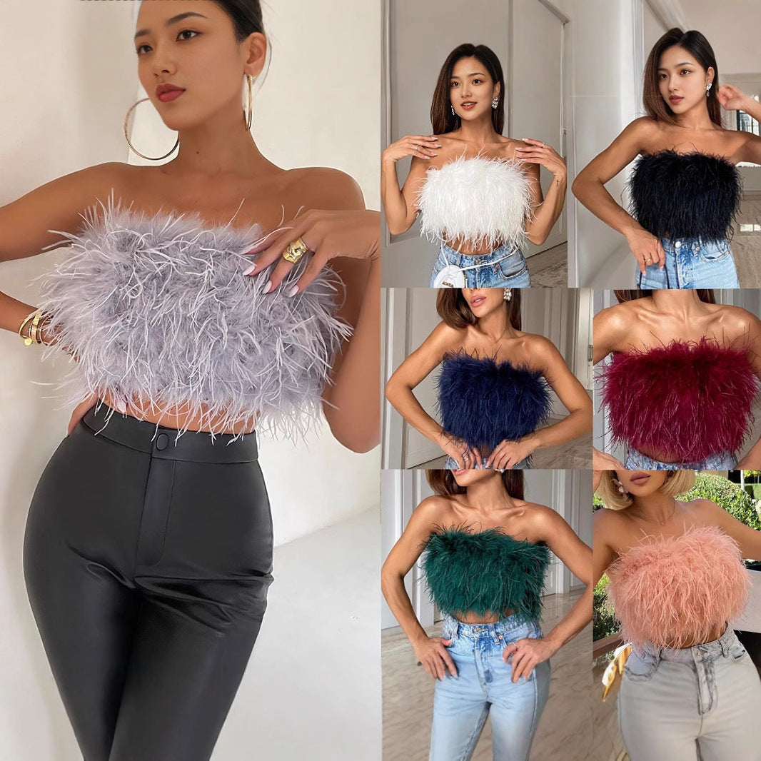 Dame Trendy Cropped Top med Fjer Stilla