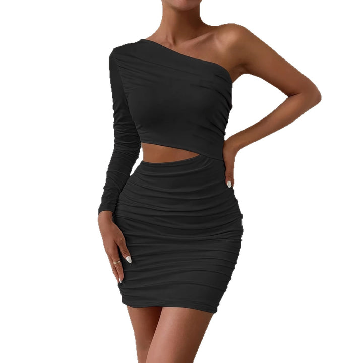 Dame Bodycon kjole med asymmetriskudskæring og rynker Skovae
