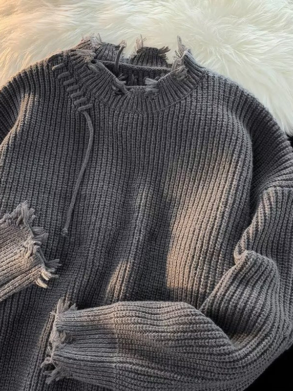 Dame Oversized Pullover med moderne frynser og unikke kontrastsyninger Stilla