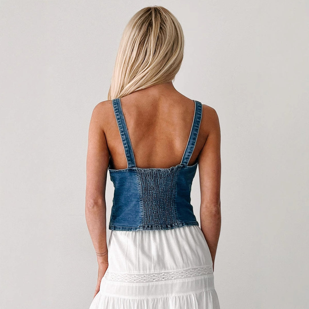 Dame Denim Bustier-top med knaplukning og forførende udskæring Stilla