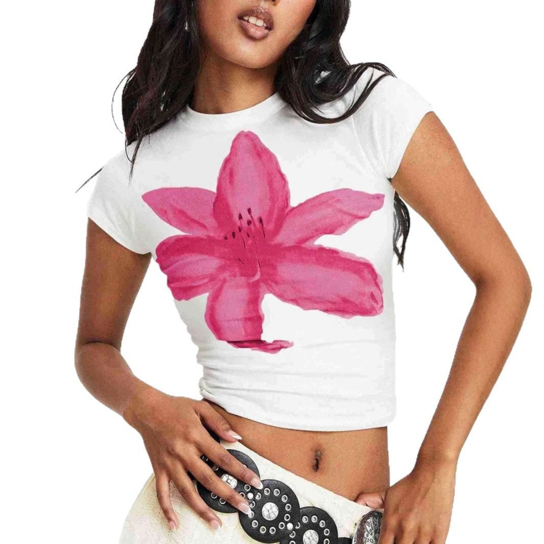 Dame Kortærmet T-shirt med blomster akvarel motiv og tætsiddende snit Skovae