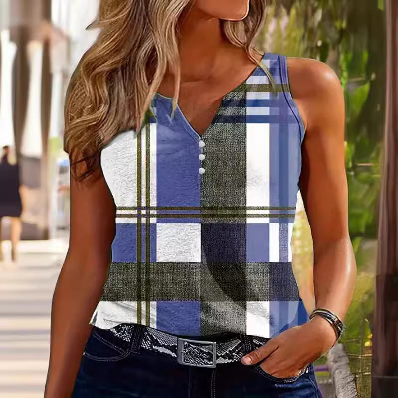 Dame Stiligternet Ruteret Button-Up Tanktop Stilla