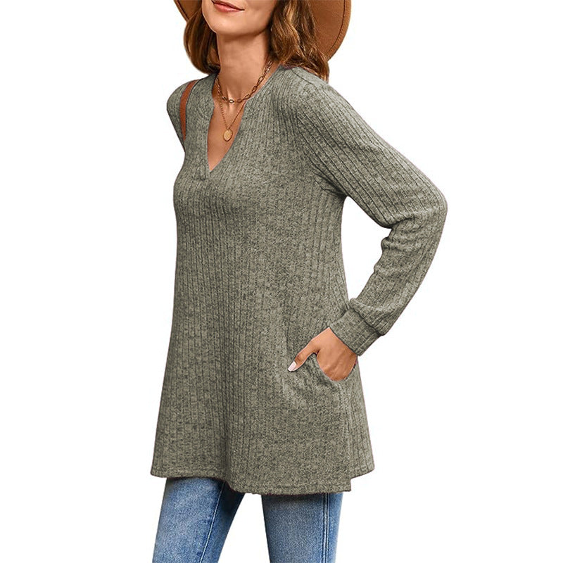 Dame strikpullover med V-hals og sidelommer Stilla