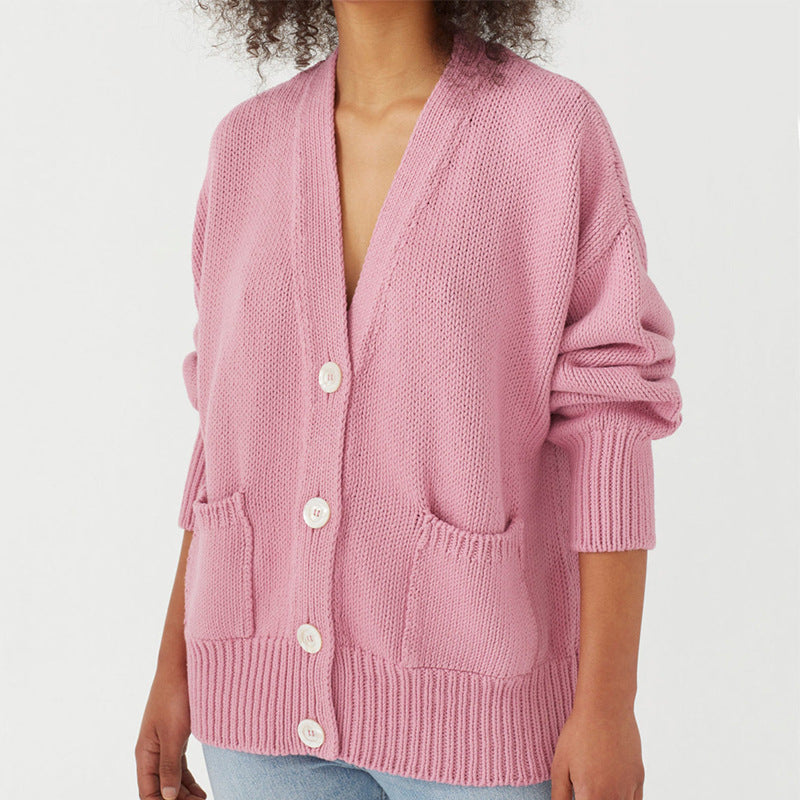 Dame Oversized Strikjakke med Lommer og V-Hals Stilla