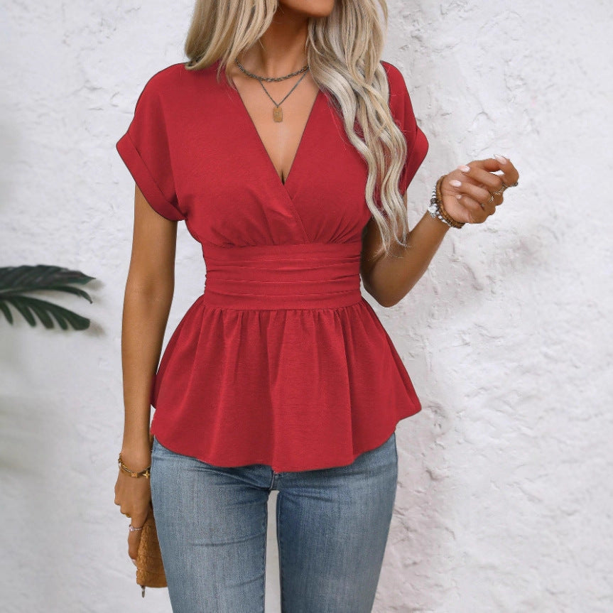 Dame Peplum-Blouse med V-Udskæring og Taljebælte Skovae