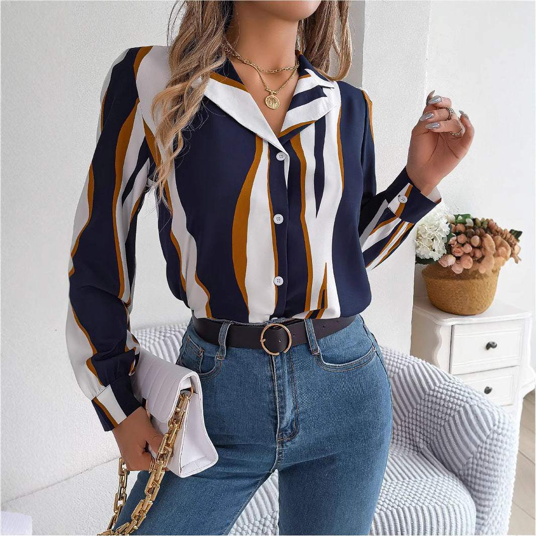 Dame Elegant Langærmet Bluse med moderne Stribemønster Stilla