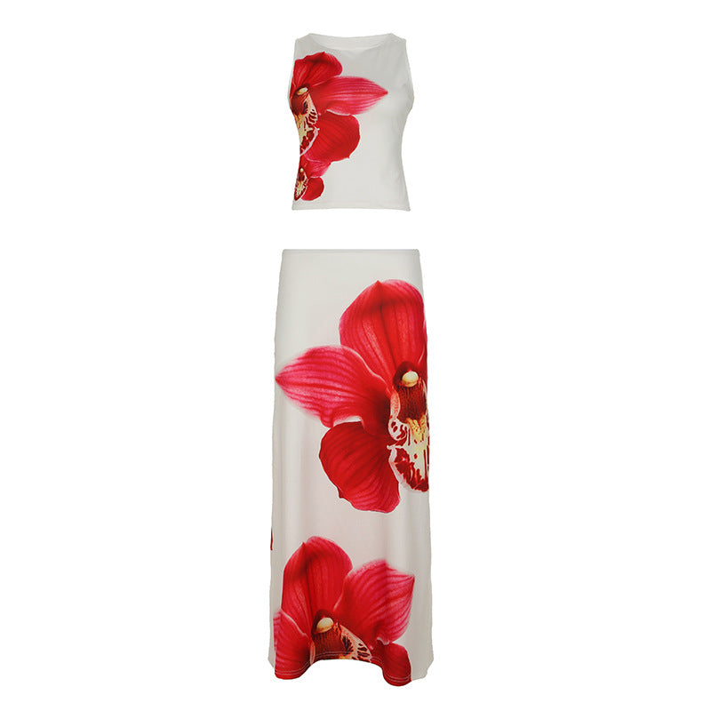 Damer elegant Maxi-kjole med asymmetrisk snit og floralt designelement Skovae