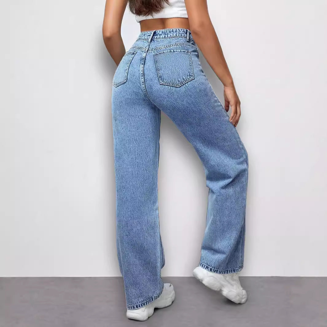 Dame bred denim-bukser med legende sommerfuglemotiver Stilla