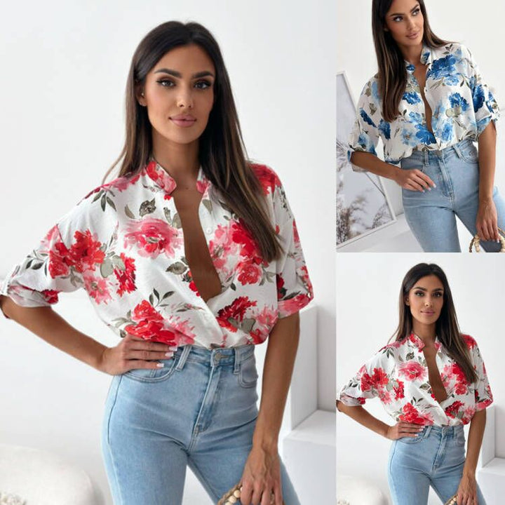 Dame blomster mønster knap-bluse Stilla