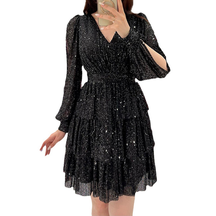 Dame Festligt Glitterkjole med Flæse-Design og Pufærmer Stilla