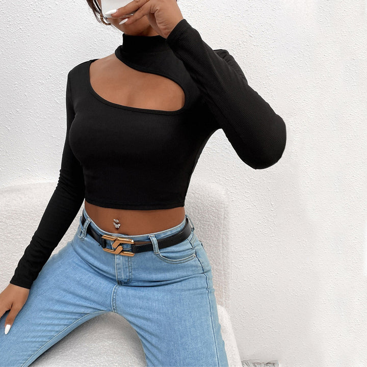 Kvinders langærmet crop top med asymmetrisk halsudskæring og elegant ståkrave Stilla