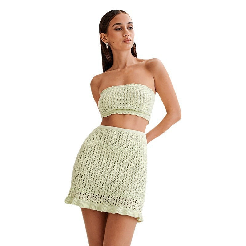 Dame Strik-Bandeau Top med matchende Nederdel Stilla