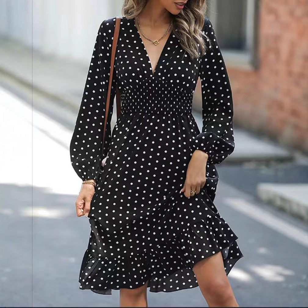 Dame Polkadot Maxikjole med elastisk talje og flæsekant Stilla