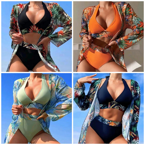 Dame højtaljet bikini-sæt med tropisk tryk cover-up Stilla