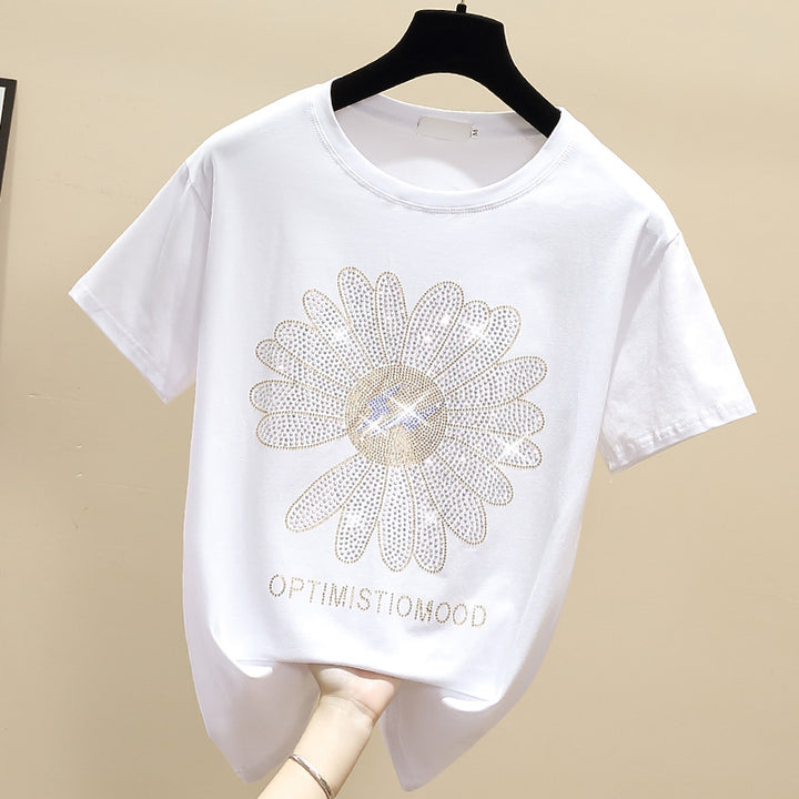 Dame T-shirt med kreativ glimmer-blomstermotiv og inspirerende tekst Stilla