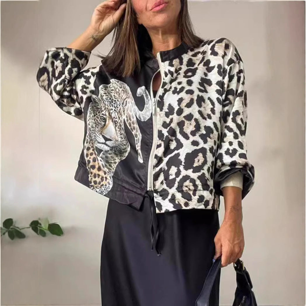 Dame afslappet bomberjakke med ekstravagant leopardmotiv Stilla