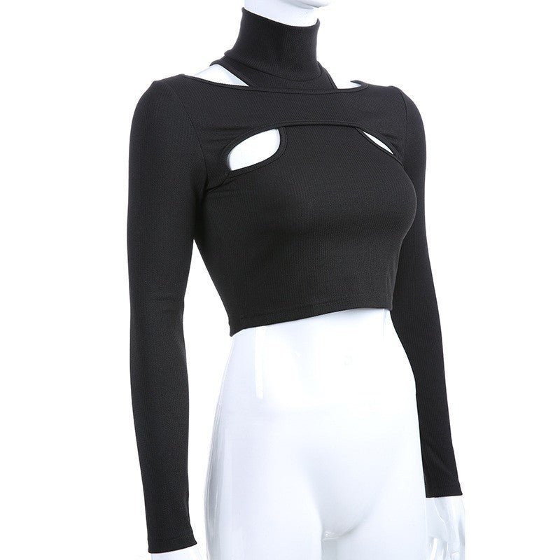 Dame trendy top med cut-outs og høj krave Skovae