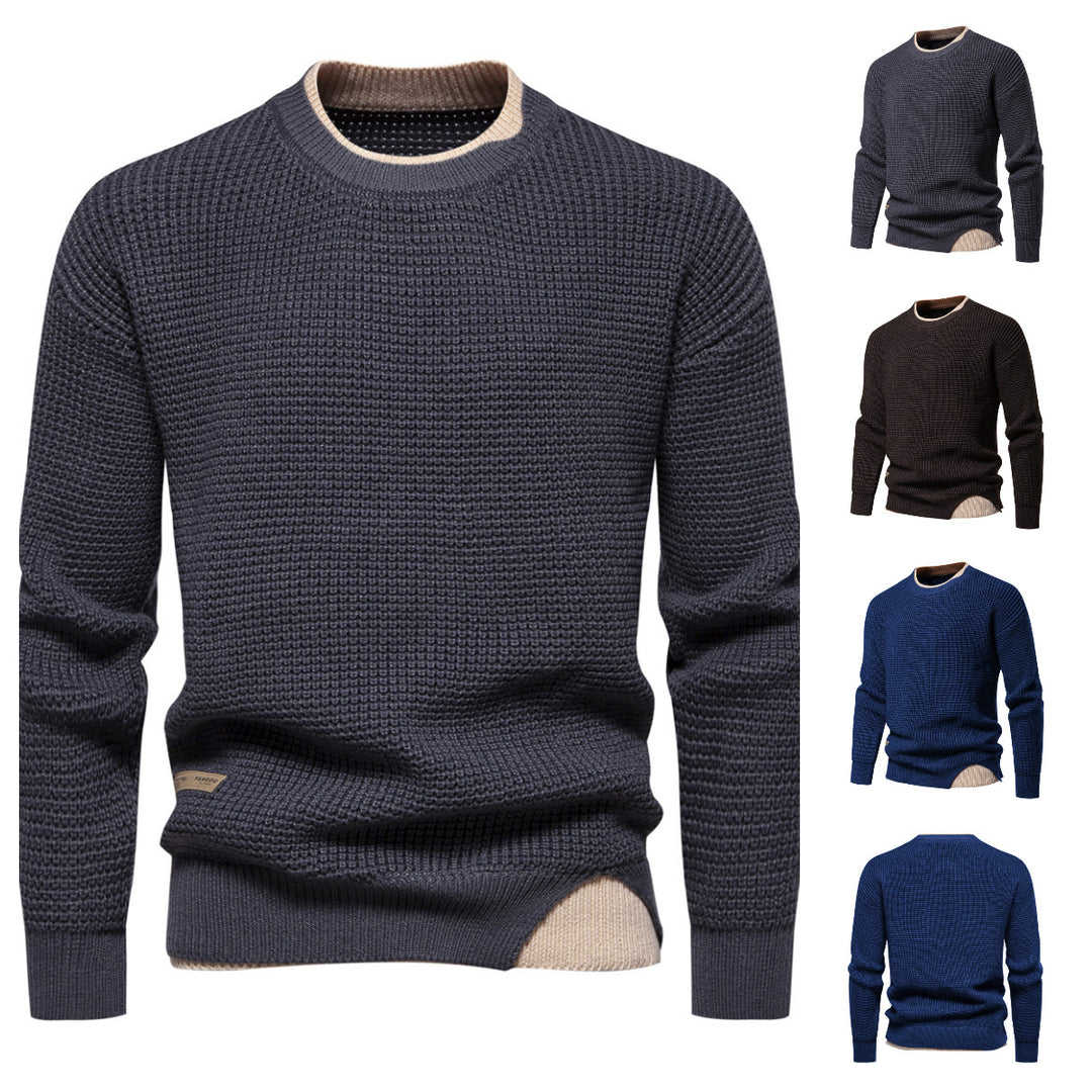 Herre Struktureret Strikket Rundhalset Pullover med Kontrastdetaljer Stilla