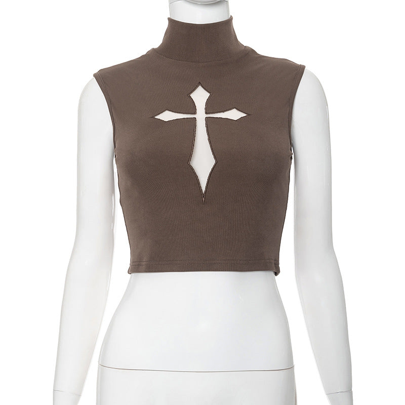 Dame Højhals Crop Top med Kryds-Design Stilla