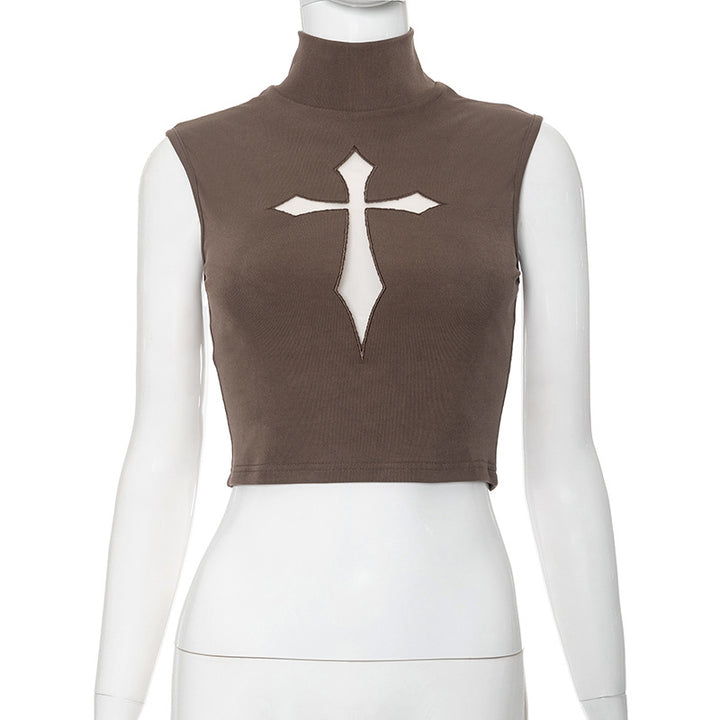 Dame Højhals Crop Top med Kryds-Design Stilla