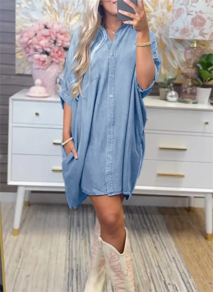 Dame Størrelse Denim-Sk Shirt kjole med praktiske lommer og afslappet snit Stilla