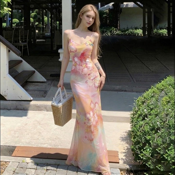 Dame maxikjole med blomsterdesign og spaghetti stropper Skovae