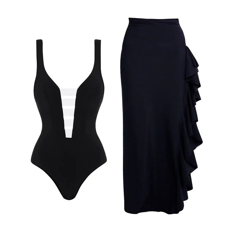 Dame badedragt med moderne off-shoulder design og elegant ruffles maxiskirt Skovae