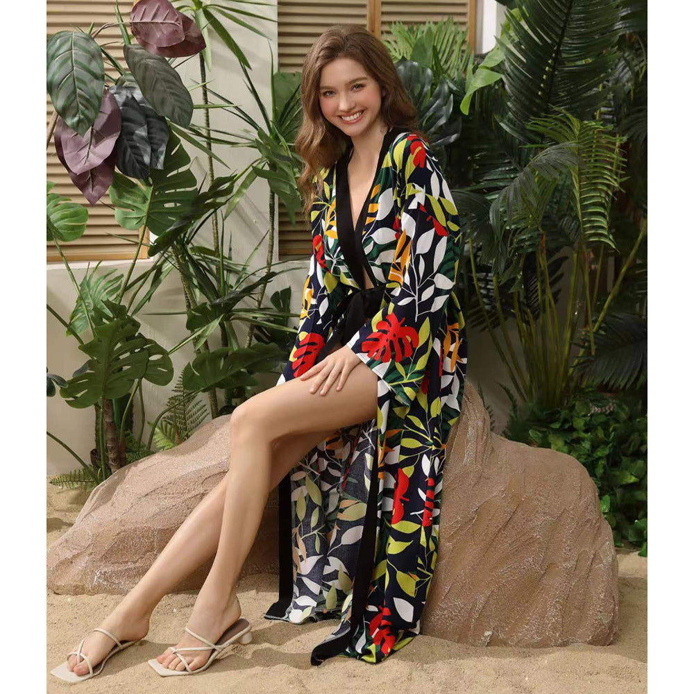 Damer elegant Strandkimono med blomsterprint og voluminøse ærmer Stilla