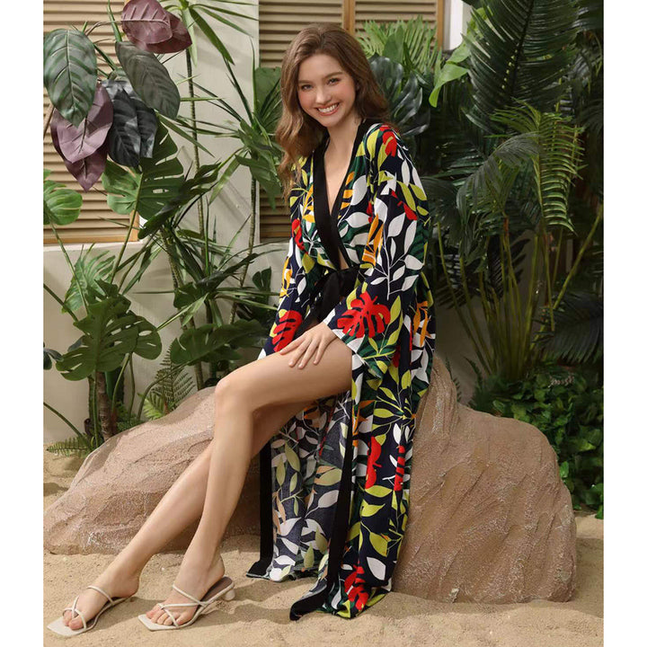 Damer elegant Strandkimono med blomsterprint og voluminøse ærmer Stilla
