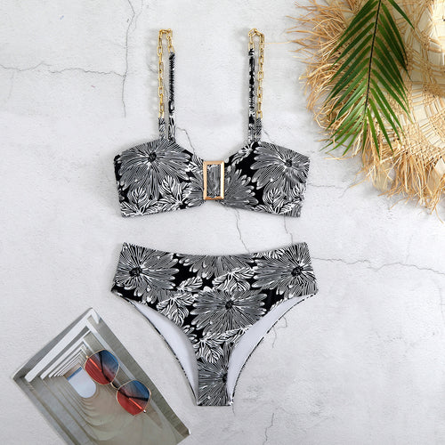 Dame Bikini-sæt med elegant snit, gyldne kædetrækkere og blomsterprint Stilla