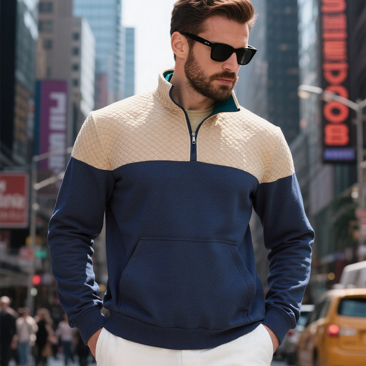 Herren nan quilted skulderpas halvzip sweater med kenguruhåpning og ståkrave Skovae