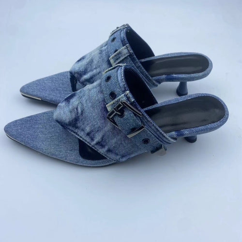 Femme Spidse-æne Denim Slide Mules med justerbar spænde Stilla