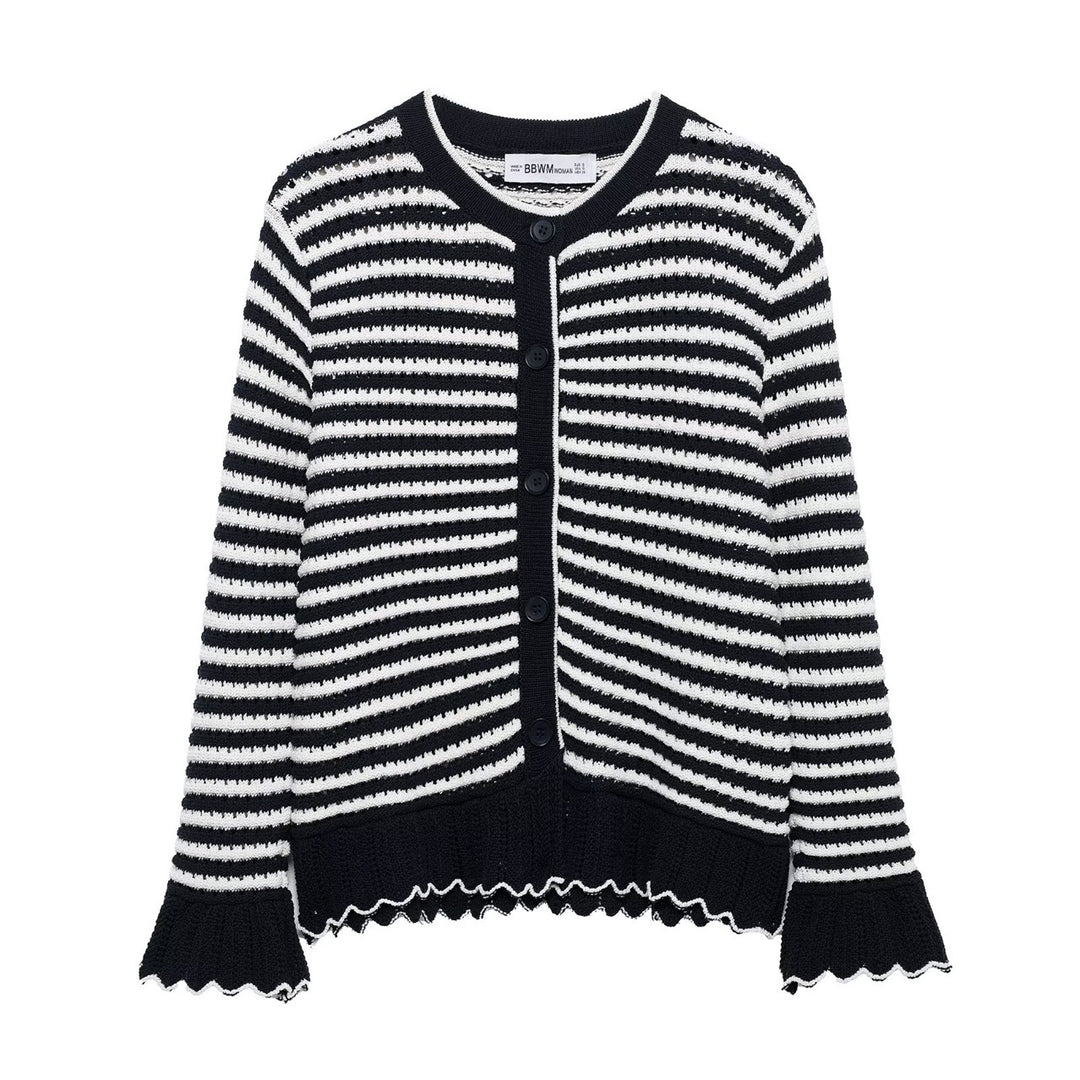 Dame Stribet Strikcardigan Pullover med Bølgekant Stilla