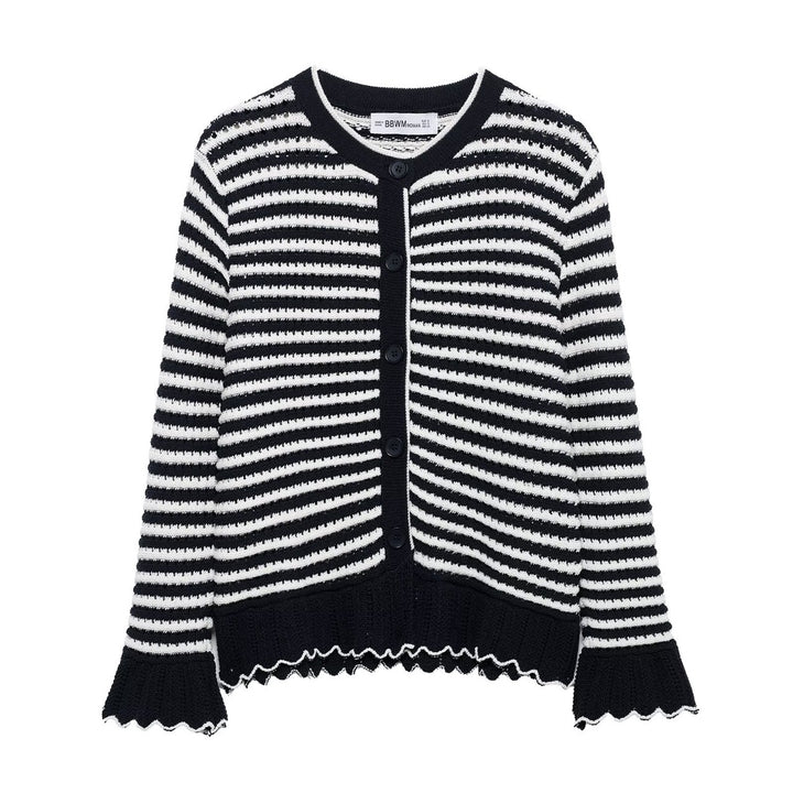 Dame Stribet Strikcardigan Pullover med Bølgekant Stilla
